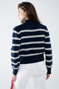 Q2 Women's Sweater High Neck Striped Sweater In Navy And Grey