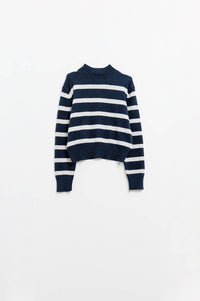 Q2 Women's Sweater High Neck Striped Sweater In Navy And Grey