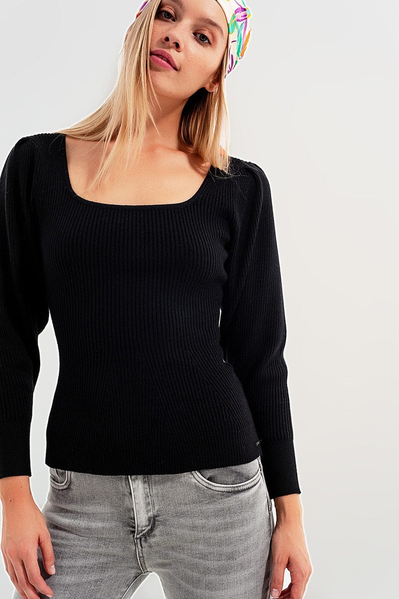 Q2 Women's Sweater Jumper with Chevron Detail in Black