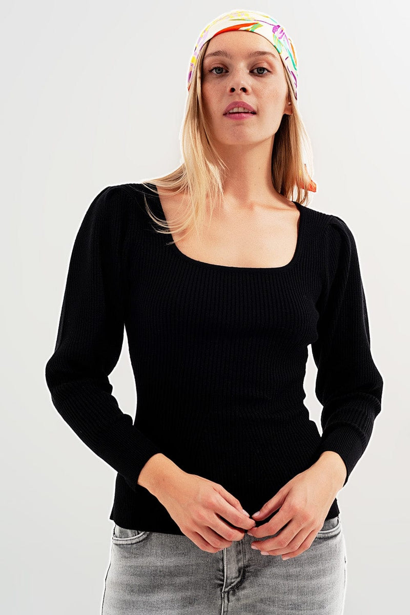 Q2 Women's Sweater Jumper with Chevron Detail in Black