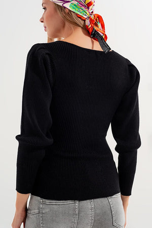 Q2 Women's Sweater Jumper with Chevron Detail in Black