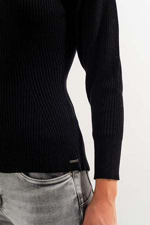 Q2 Women's Sweater Jumper with Chevron Detail in Black