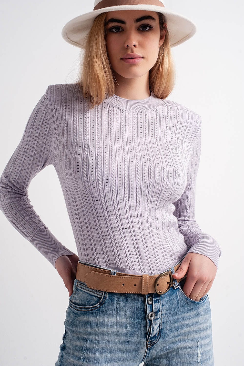 Q2 Women's Sweater Jumper with Shoulder Pad in Lilac