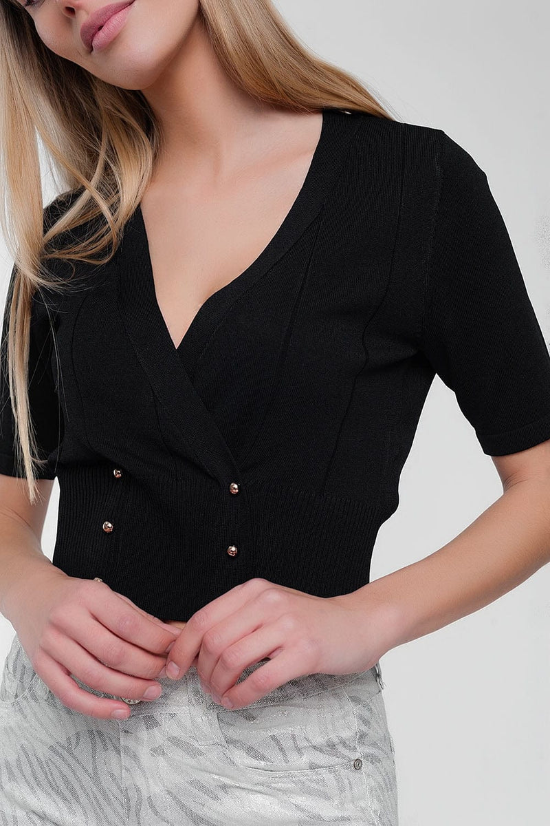 Q2 Women's Sweater Knit Button Through Cardi Top in Black