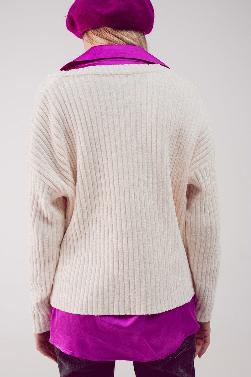 Q2 Women's Sweater Knitted Chenille Jumper in Cream