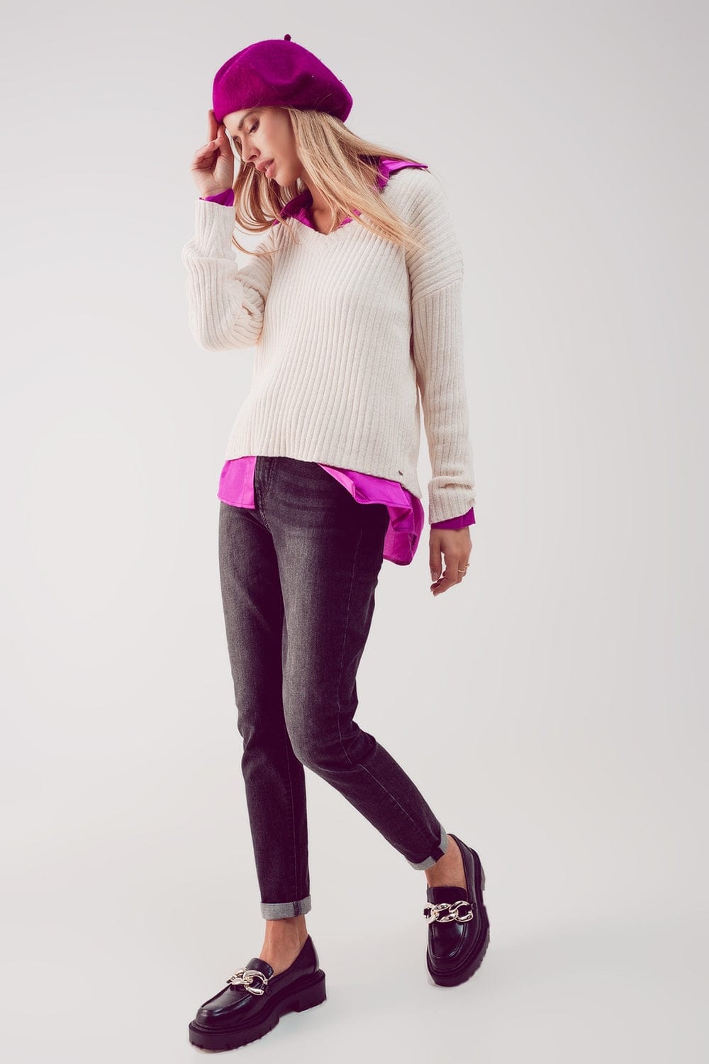 Q2 Women's Sweater Knitted Chenille Jumper in Cream