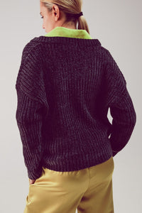 Q2 Women's Sweater Knitted Chenille Jumper in Dark Grey