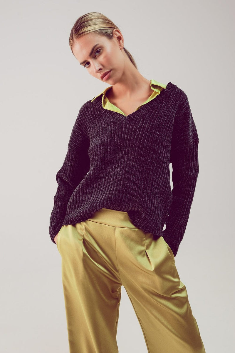 Q2 Women's Sweater Knitted Chenille Jumper in Dark Grey