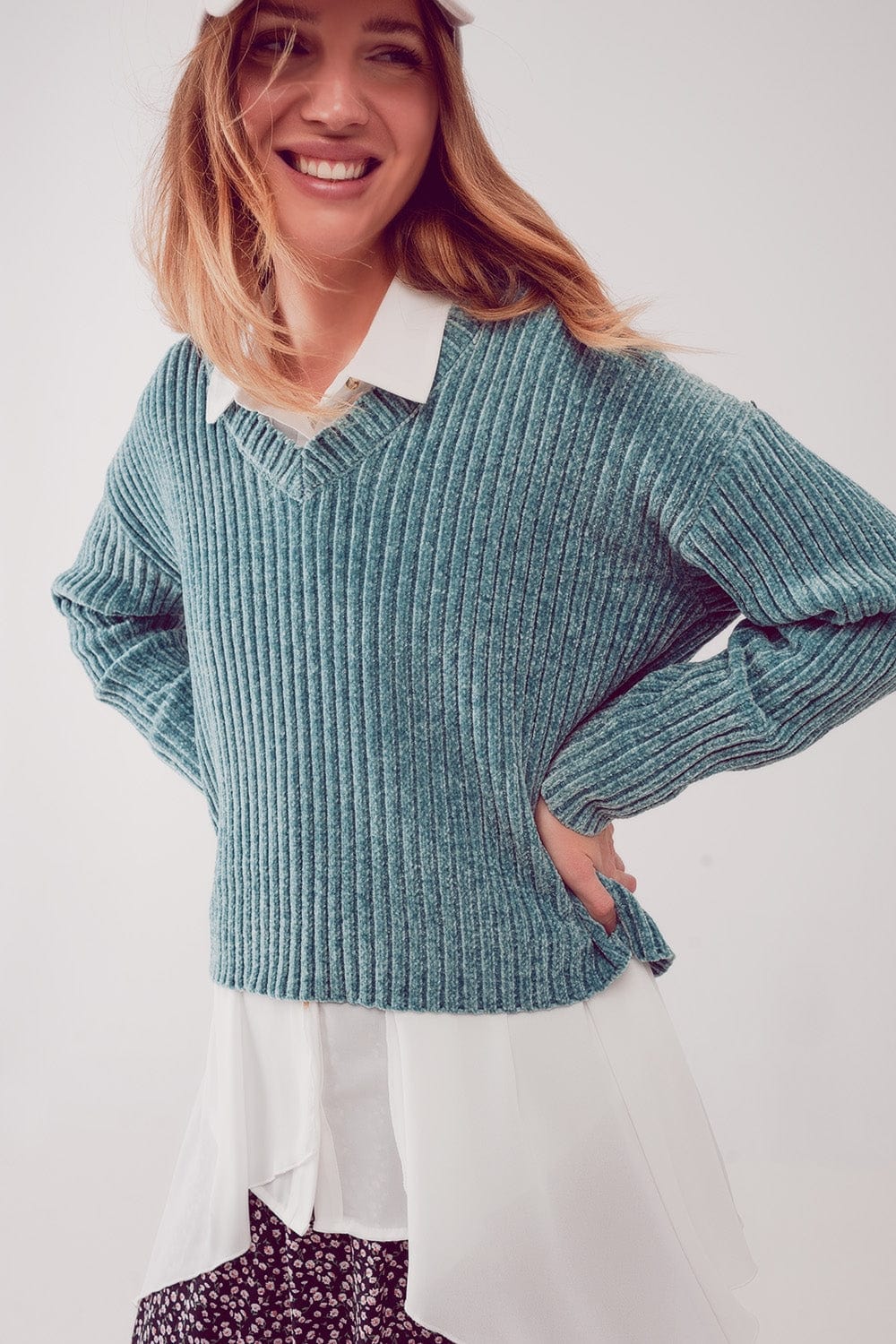 Q2 Women's Sweater Knitted Chenille Jumper in Green