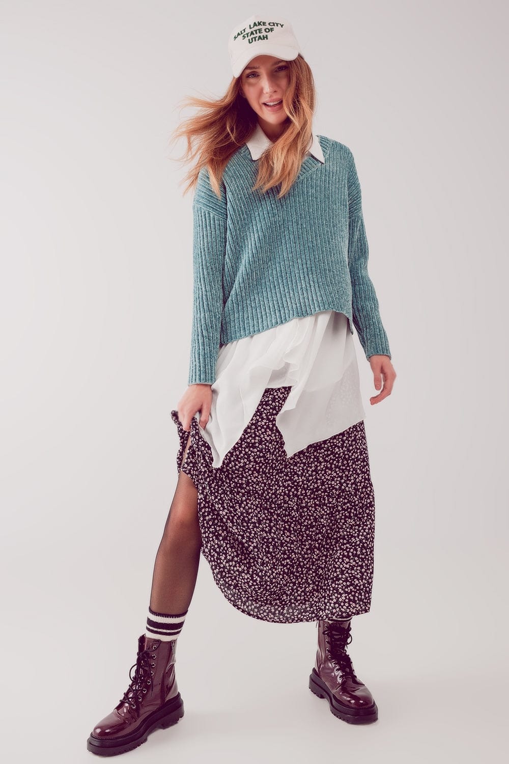 Q2 Women's Sweater Knitted Chenille Jumper in Green