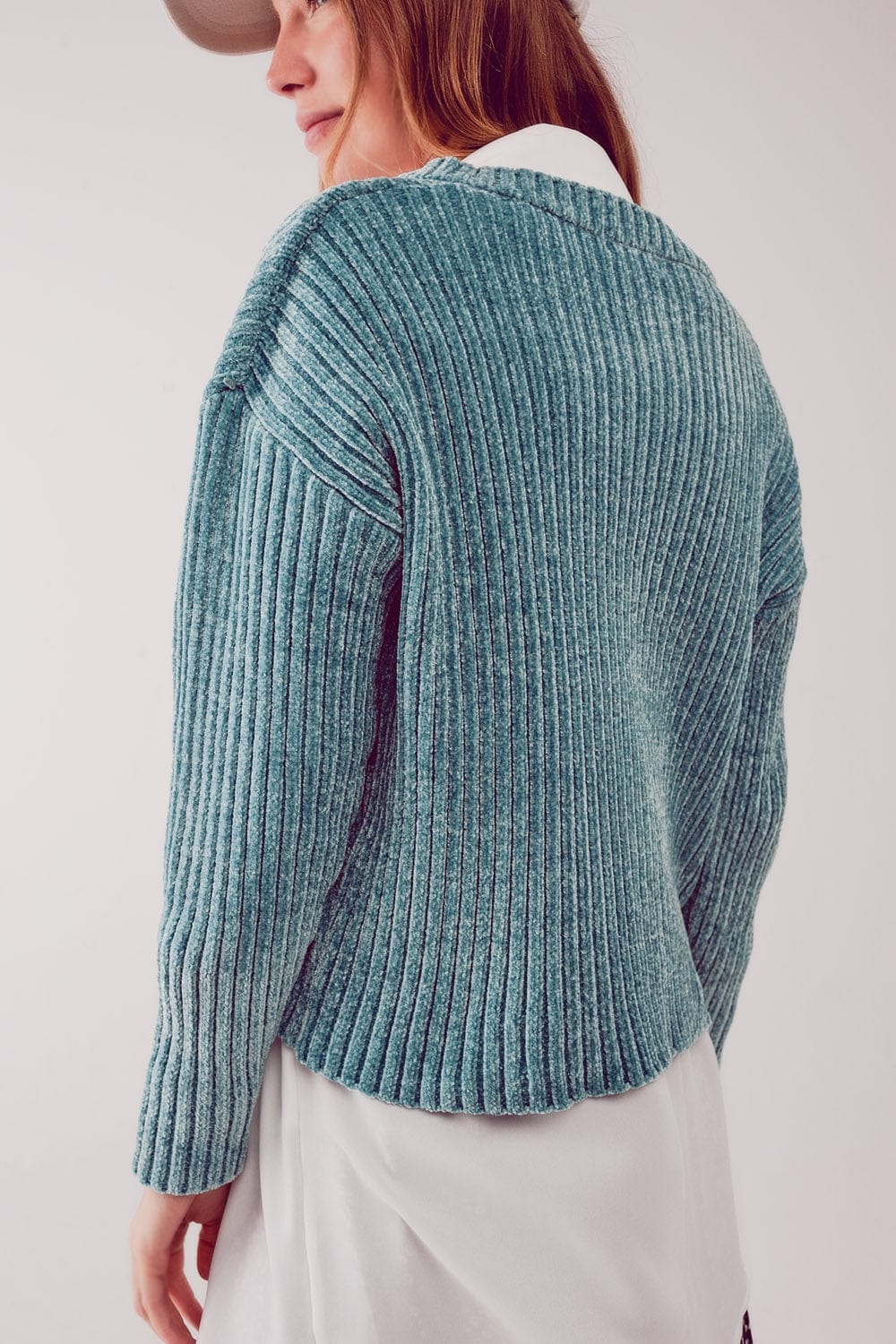 Q2 Women's Sweater Knitted Chenille Jumper in Green