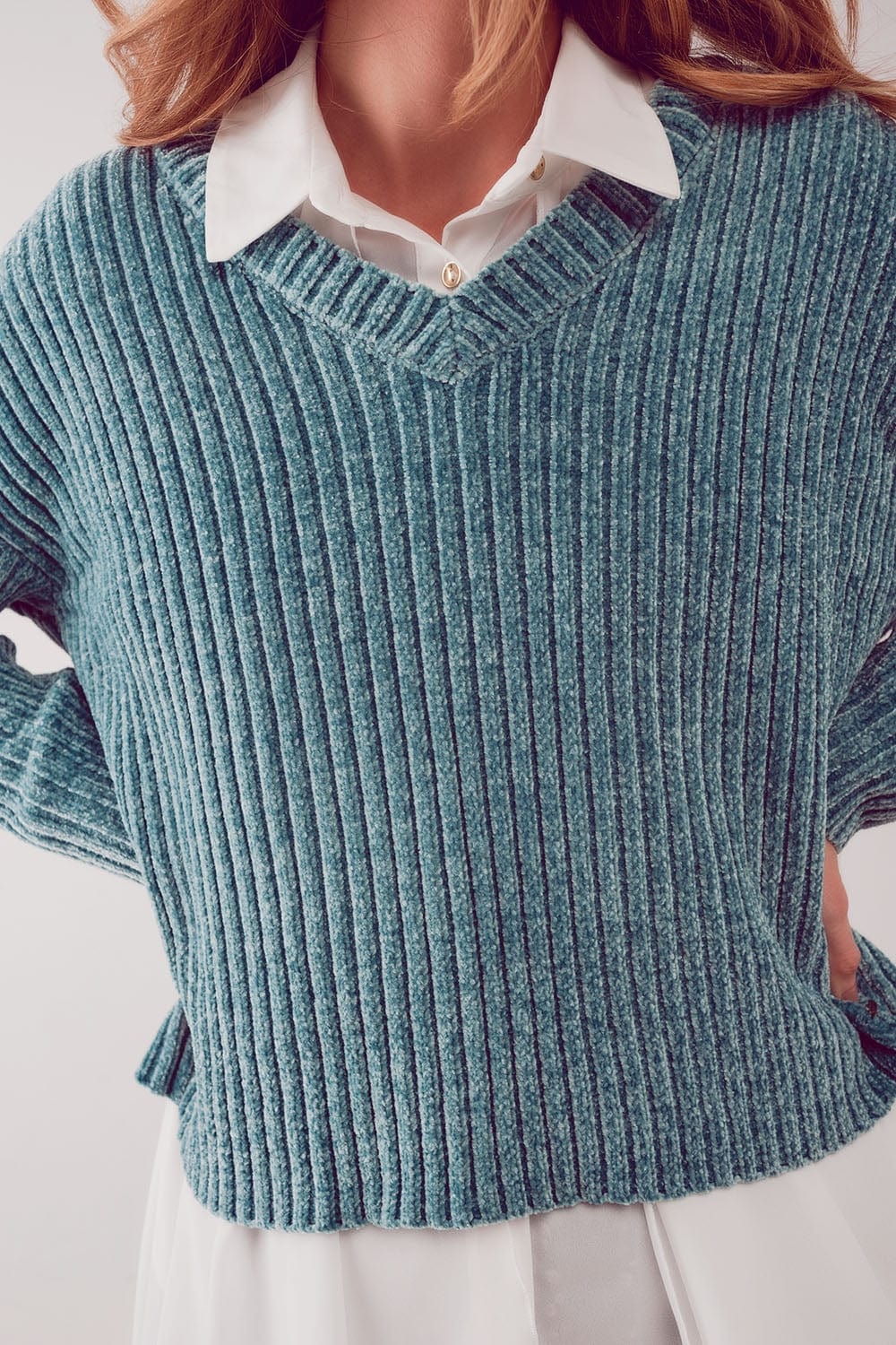 Q2 Women's Sweater Knitted Chenille Jumper in Green