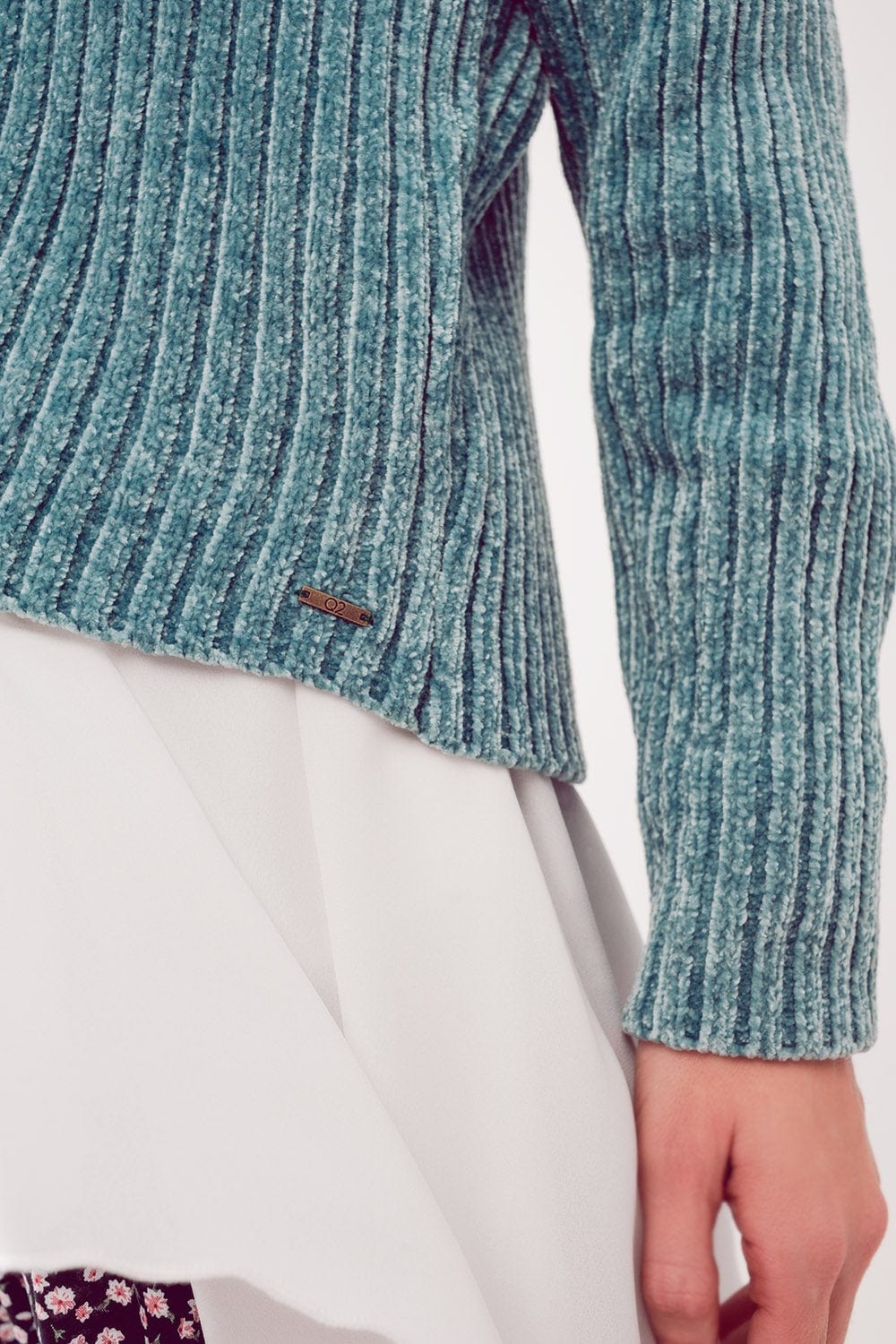 Q2 Women's Sweater Knitted Chenille Jumper in Green