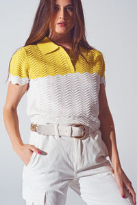 Q2 Women's Sweater Knitted Colour Block Cropped Polo in White and Yellow