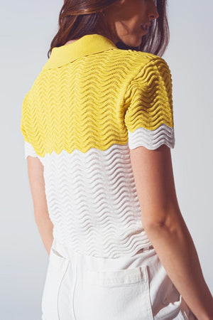 Q2 Women's Sweater Knitted Colour Block Cropped Polo in White and Yellow