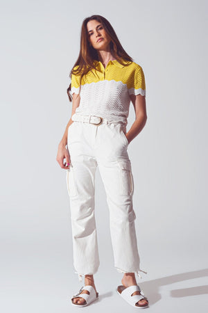 Q2 Women's Sweater Knitted Colour Block Cropped Polo in White and Yellow