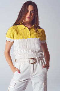 Q2 Women's Sweater Knitted Colour Block Cropped Polo in White and Yellow