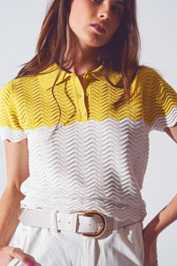 Q2 Women's Sweater Knitted Colour Block Cropped Polo in White and Yellow