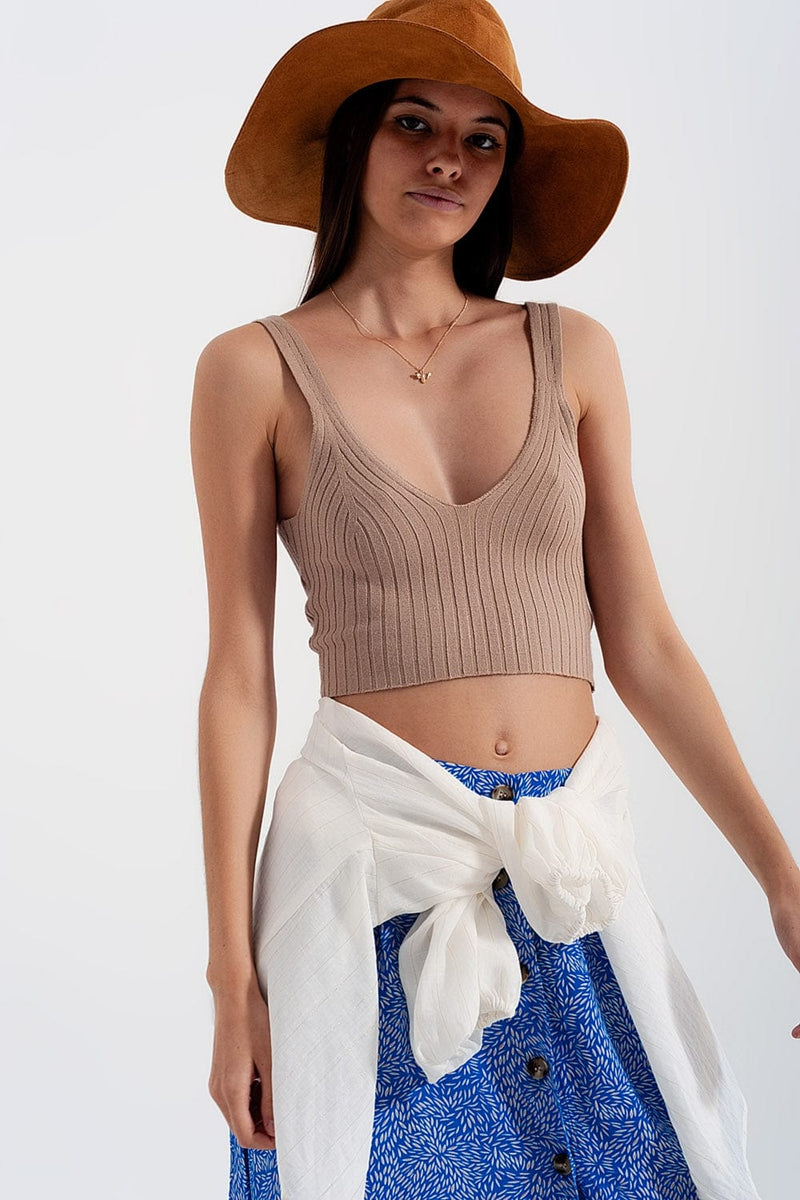 Q2 Women's Sweater Knitted Crop Top in Beige