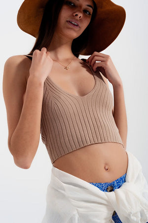 Q2 Women's Sweater Knitted Crop Top in Beige