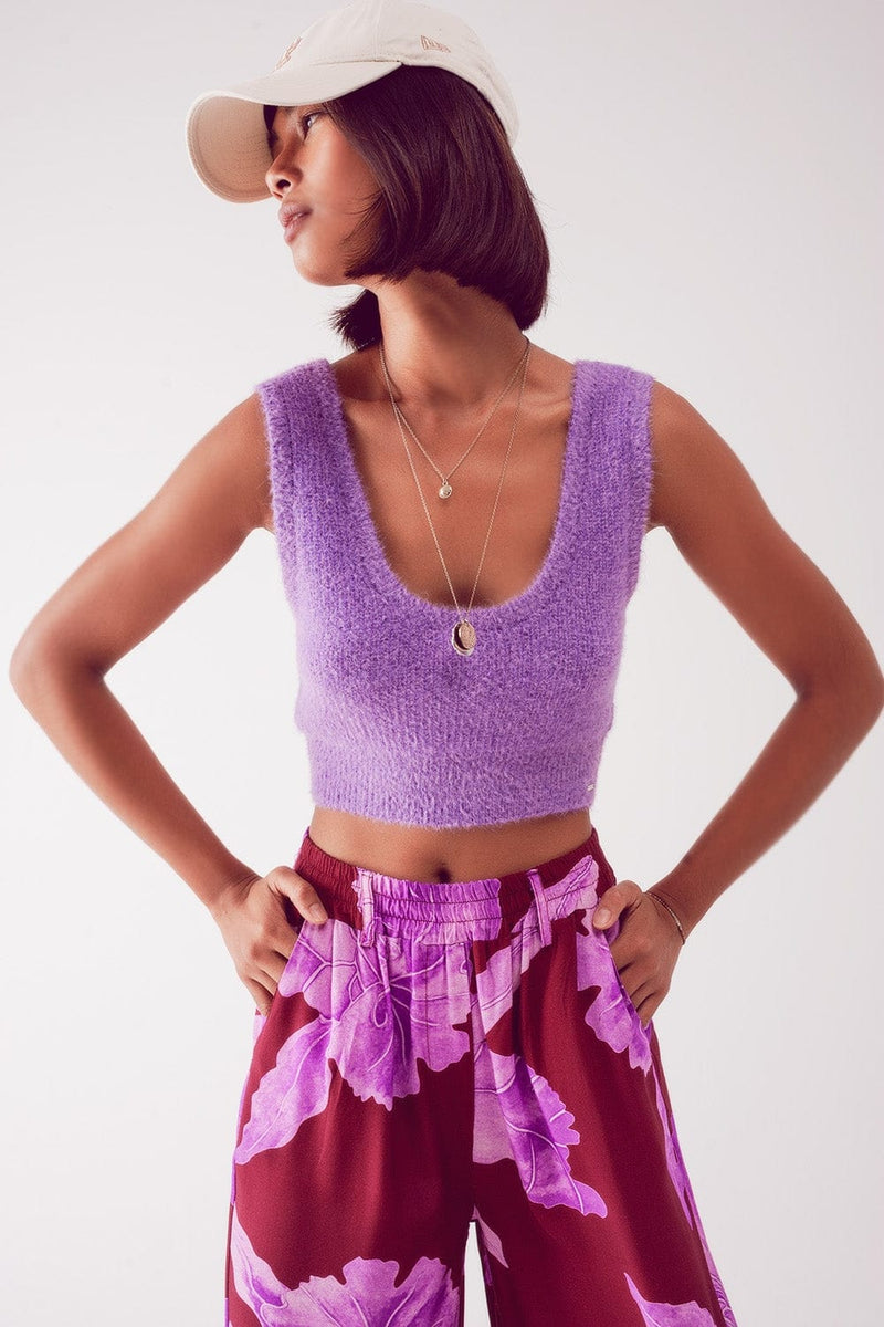 Q2 Women's Sweater Knitted Crop Top in Purple