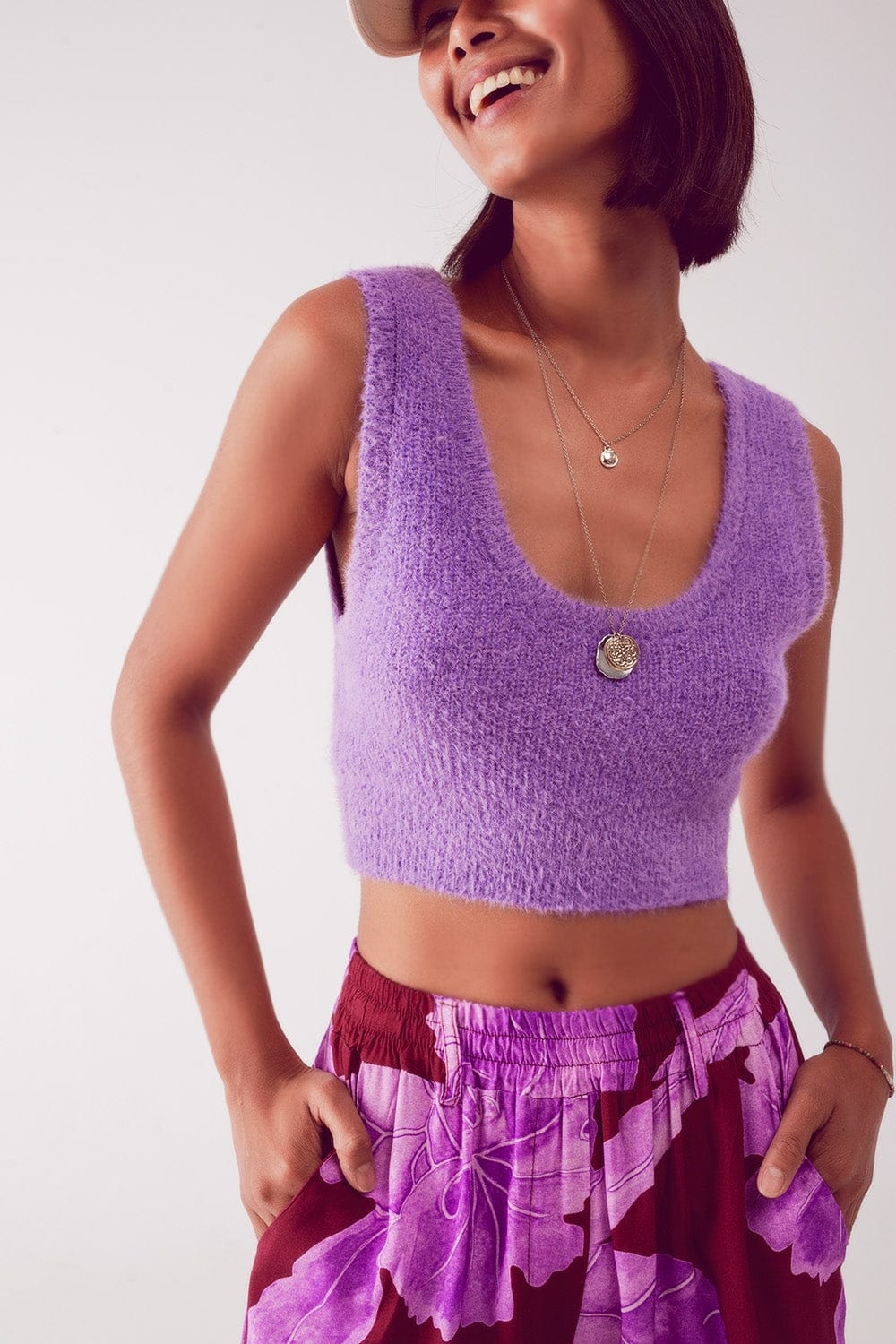 Q2 Women's Sweater Knitted Crop Top in Purple
