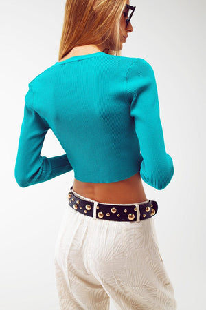 Q2 Women's Sweater Knitted Cropped Cardigan In Blue