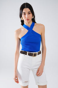 Q2 Women's Sweater Knitted Cross Front Cropped Top In Blue