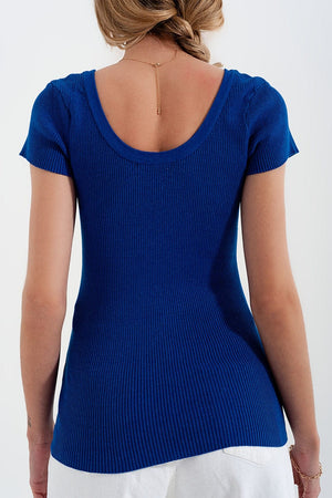 Q2 Women's Sweater Knitted Fit Rib Crew Neck Sweater in Blue