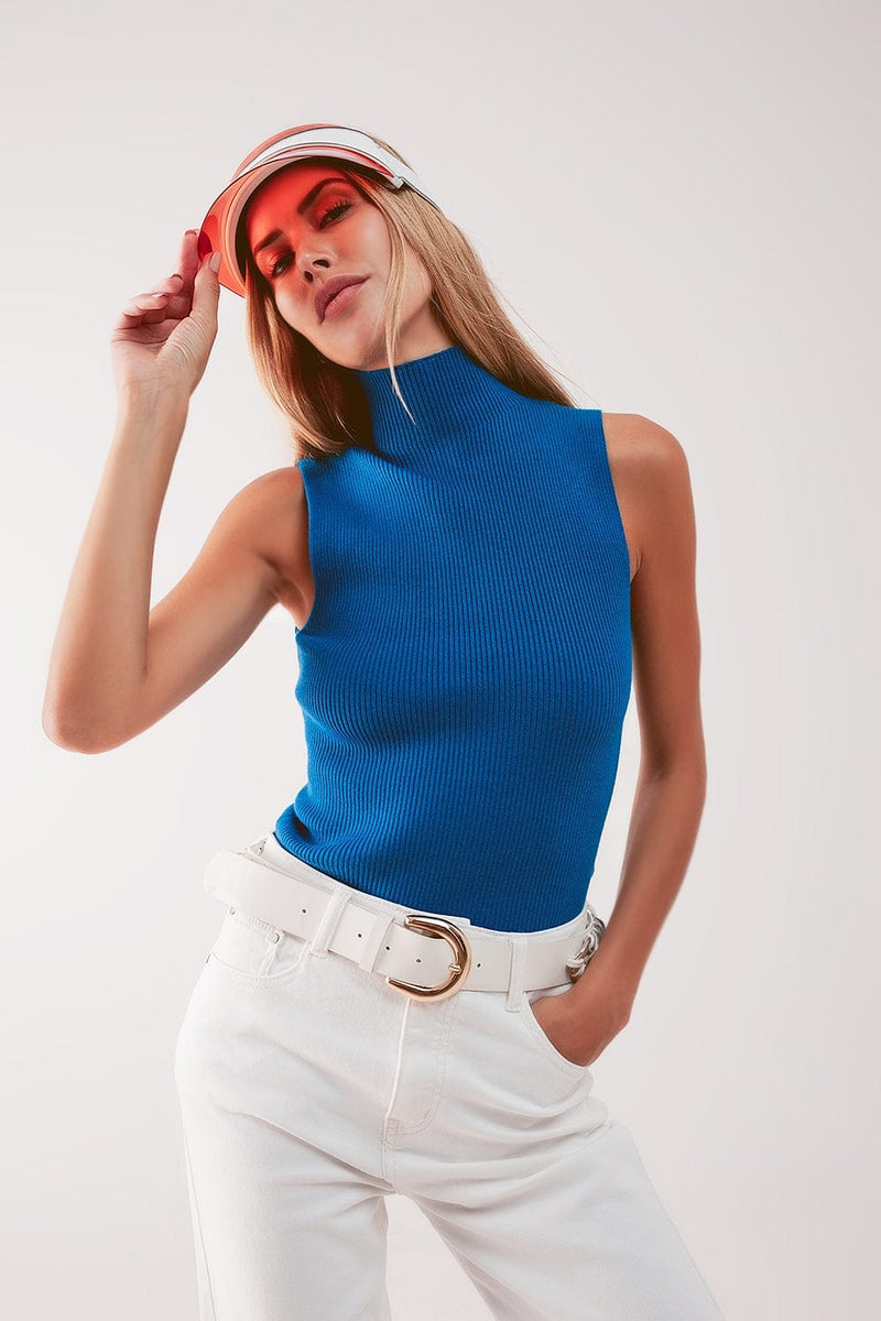 Q2 Women's Sweater Knitted High Neck Top in Blue