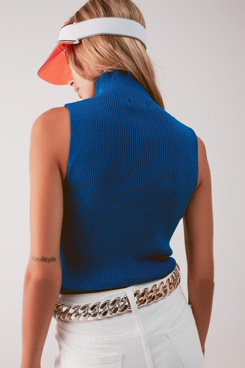 Q2 Women's Sweater Knitted High Neck Top in Blue