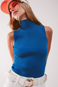 Q2 Women's Sweater Knitted High Neck Top in Blue