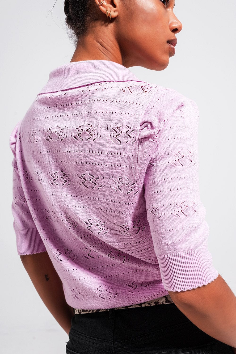 Q2 Women's Sweater Knitted Pointelle Polo Neck Jumper in Pink