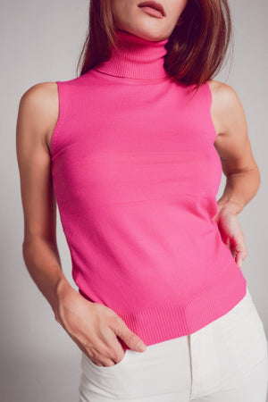 Q2 Women's Sweater Knitted Tank Jumper in Fuchsia