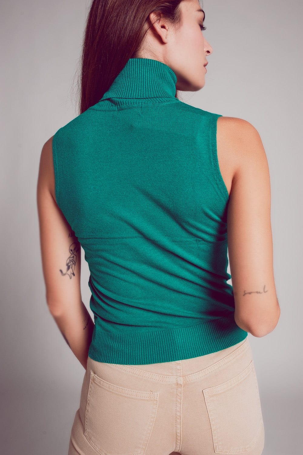 Q2 Women's Sweater Knitted Tank Jumper in Green