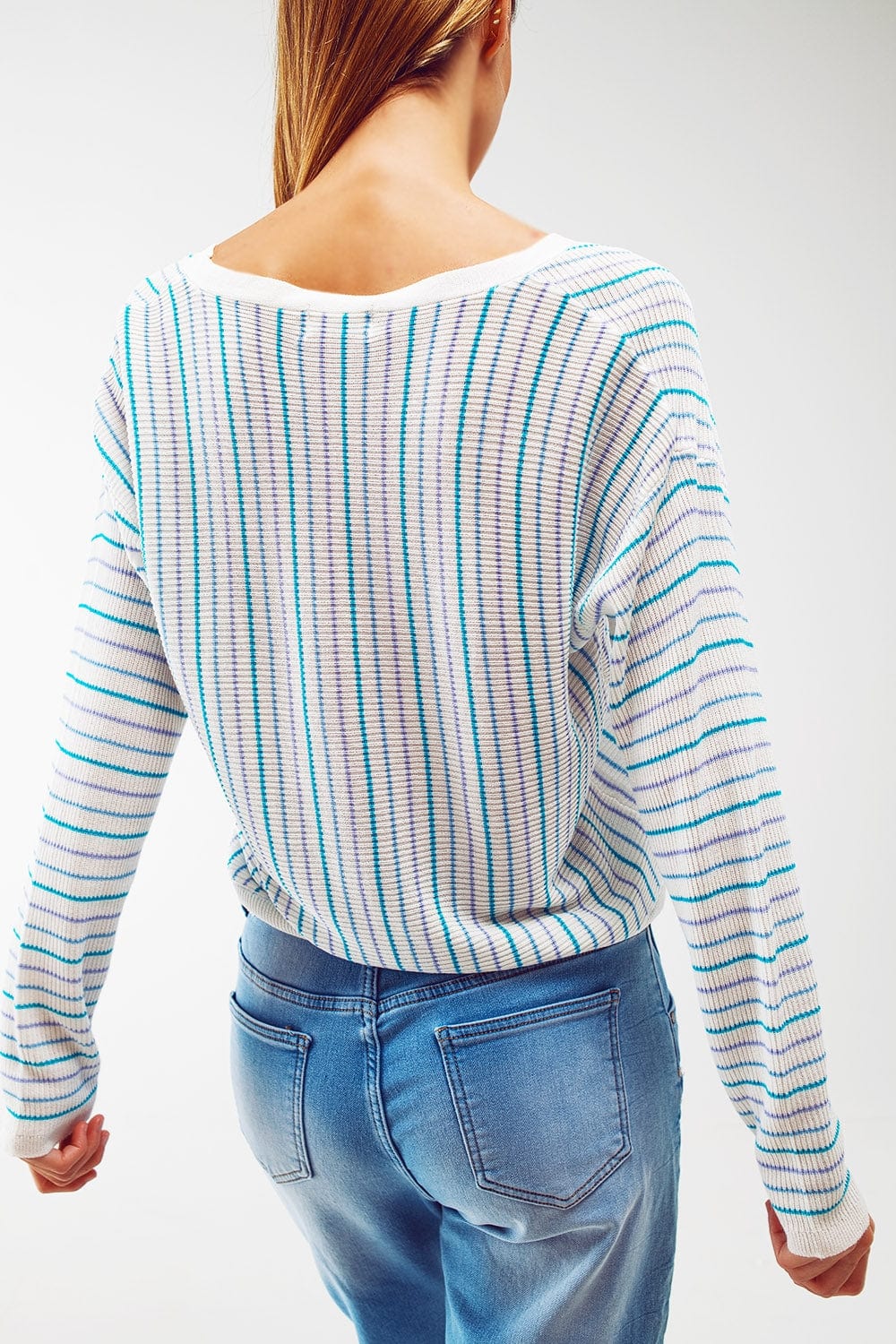 Q2 Women's Sweater Lightweight Knit Cardi In Blue Stripe
