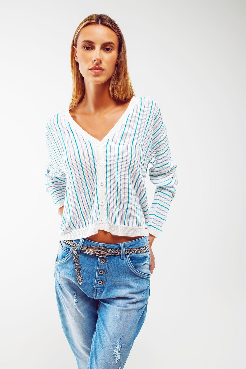 Q2 Women's Sweater Lightweight Knit Cardi In Blue Stripe