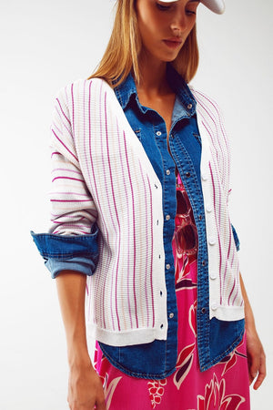 Q2 Women's Sweater Lightweight Knit Cardi In Pink Stripe