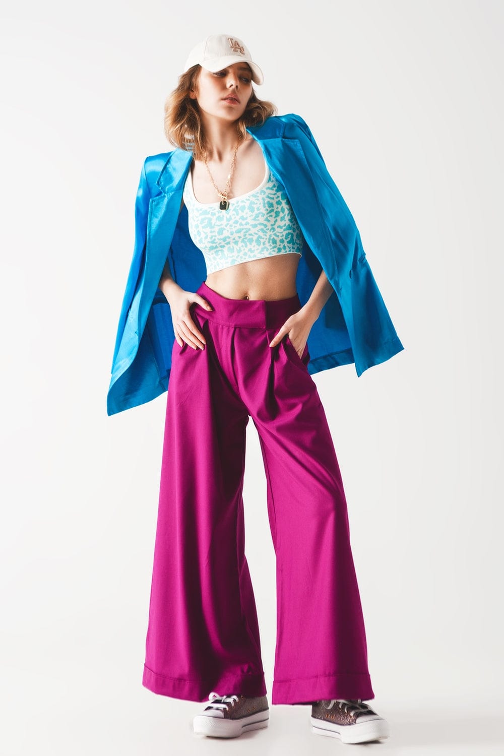 Q2 Women's Sweater Lightweight Knit Top in Turquoise Animal Print