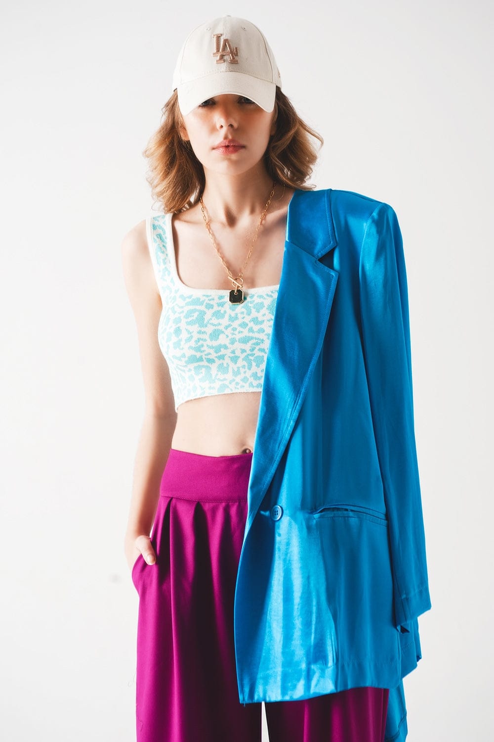 Q2 Women's Sweater Lightweight Knit Top in Turquoise Animal Print