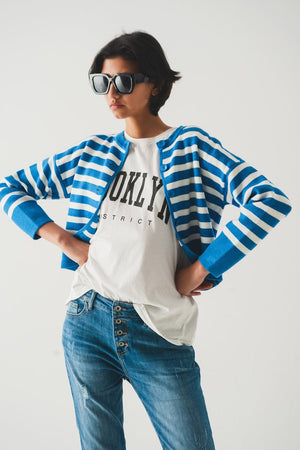 Q2 Women's Sweater Lightweight Stripe Cardigan in Blue