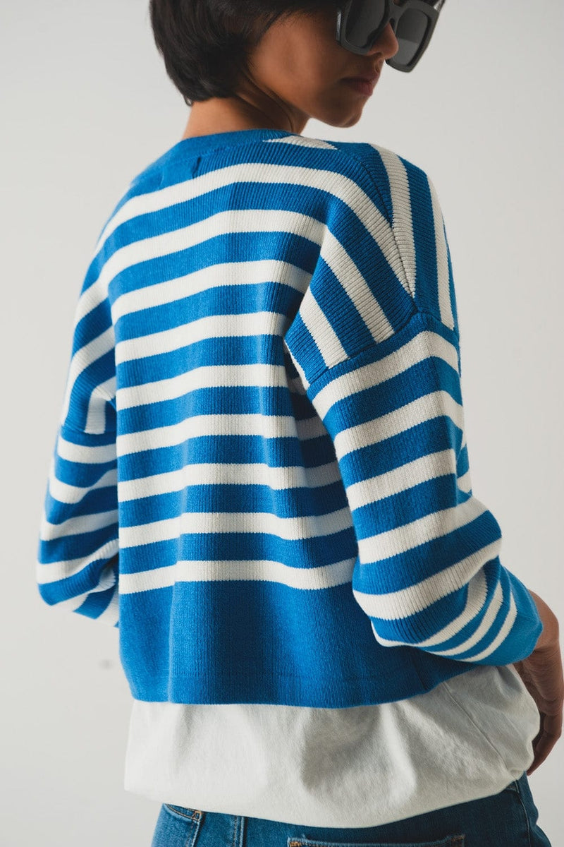 Q2 Women's Sweater Lightweight Stripe Cardigan in Blue