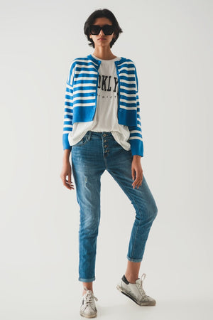 Q2 Women's Sweater Lightweight Stripe Cardigan in Blue