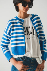 Q2 Women's Sweater Lightweight Stripe Cardigan in Blue