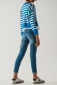 Q2 Women's Sweater Lightweight Stripe Cardigan in Blue