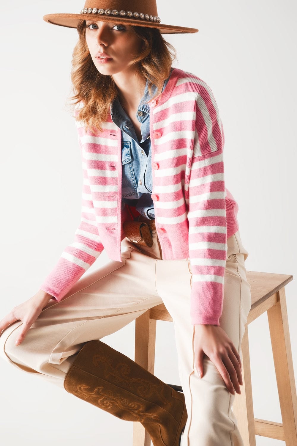 Q2 Women's Sweater Lightweight Stripe Cardigan in Pink