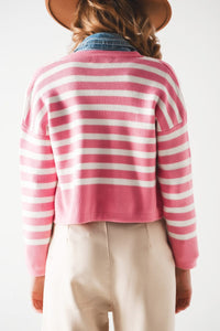 Q2 Women's Sweater Lightweight Stripe Cardigan in Pink