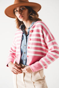 Q2 Women's Sweater Lightweight Stripe Cardigan in Pink