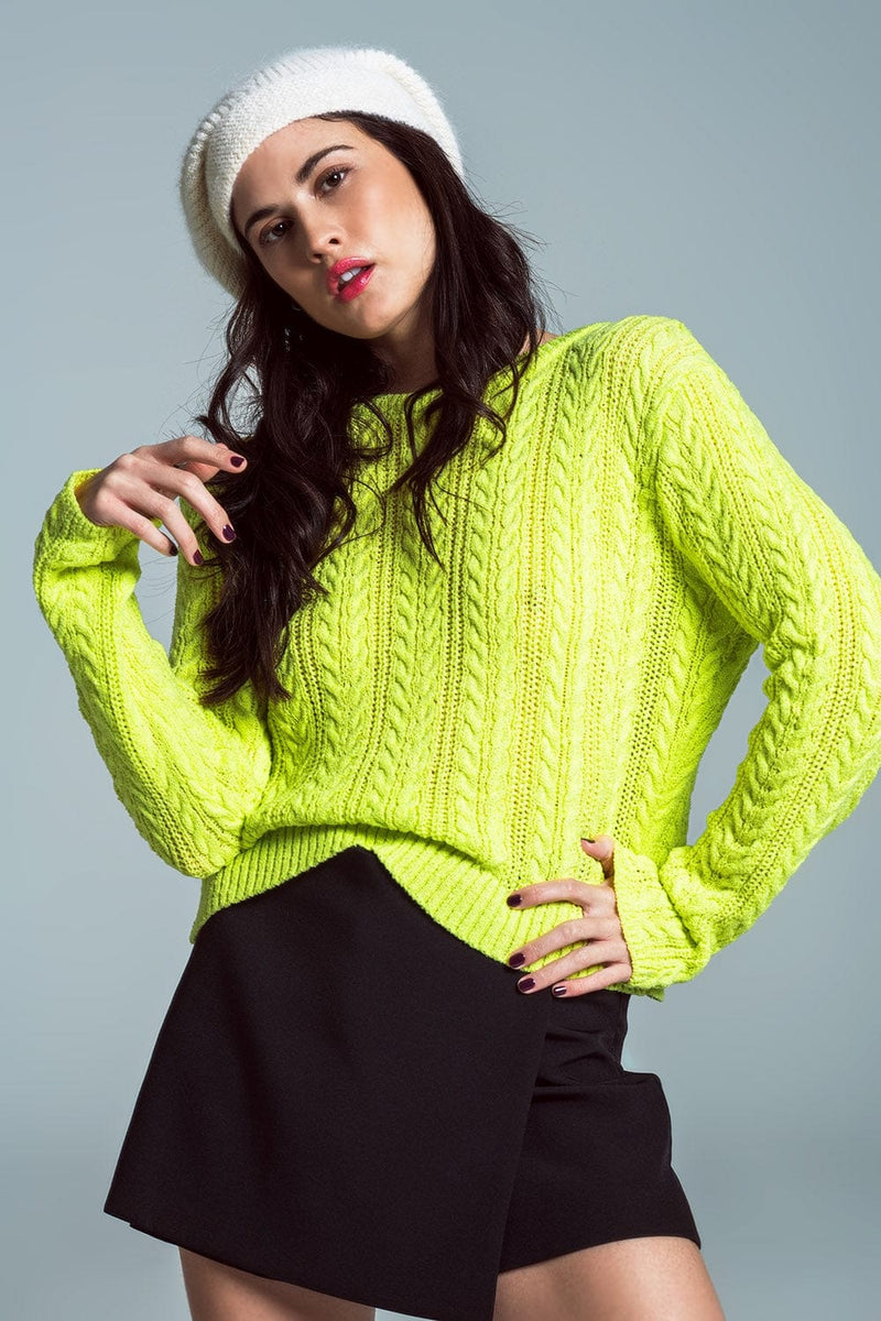 Q2 Women's Sweater Lime Green Cable Knit Jumper With Open Back And Bows