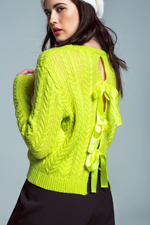 Q2 Women's Sweater Lime Green Cable Knit Jumper With Open Back And Bows